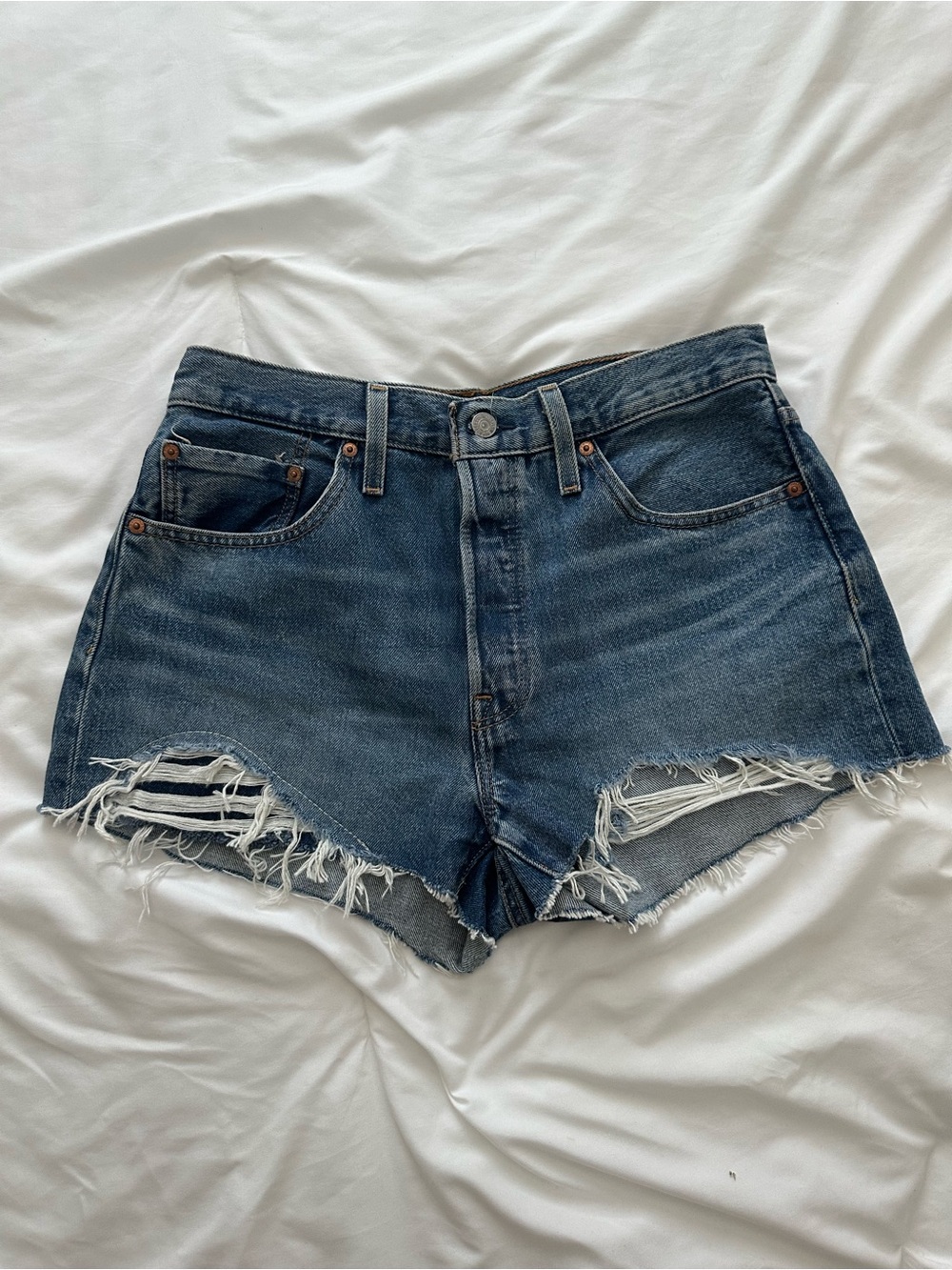 Levi's 501 Dark Blue Distressed Denim Cutoff Shorts
